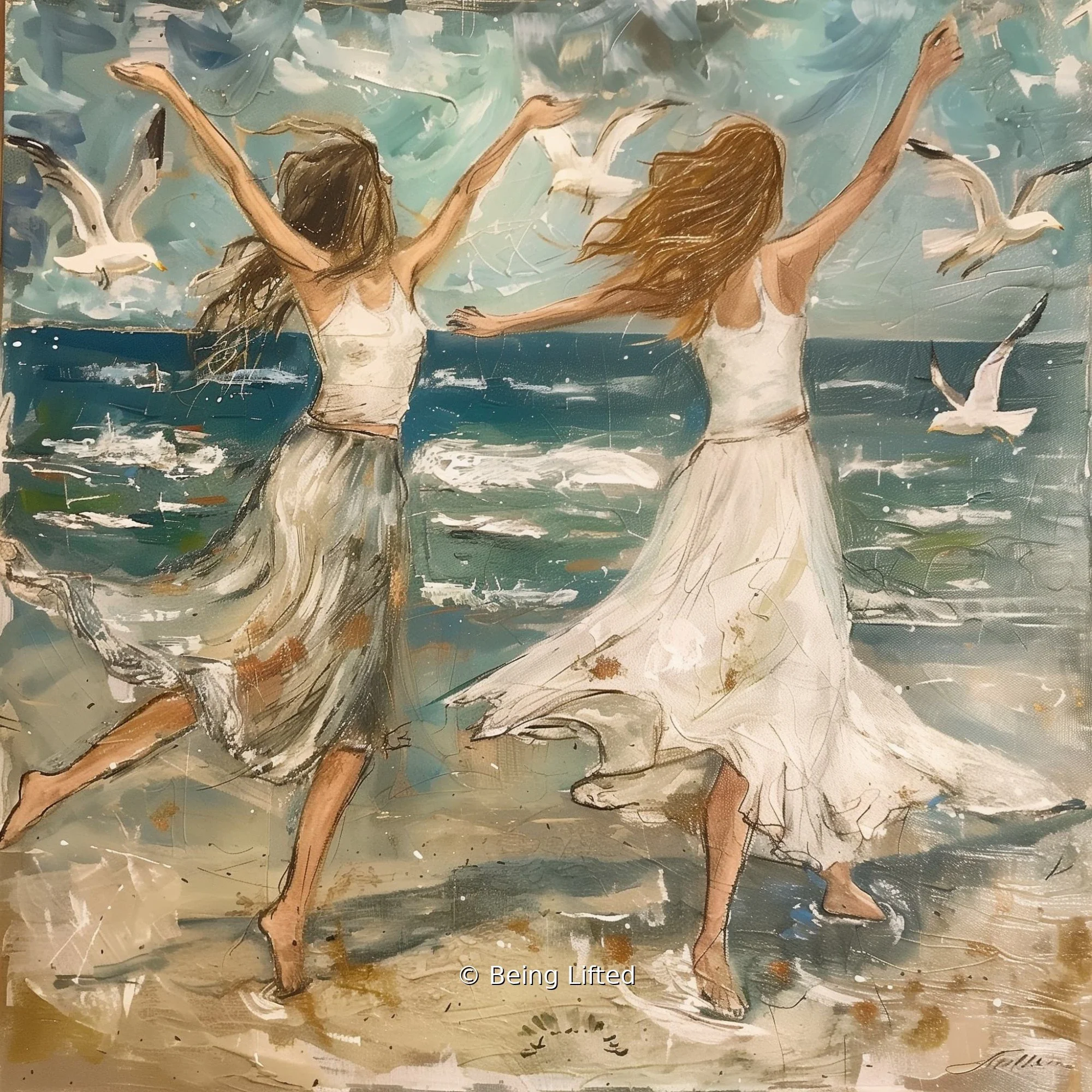 A mother and daughter dancing at the ocean and wind is blowing and they feel the joy and freedom of integrated energy work and pilates training