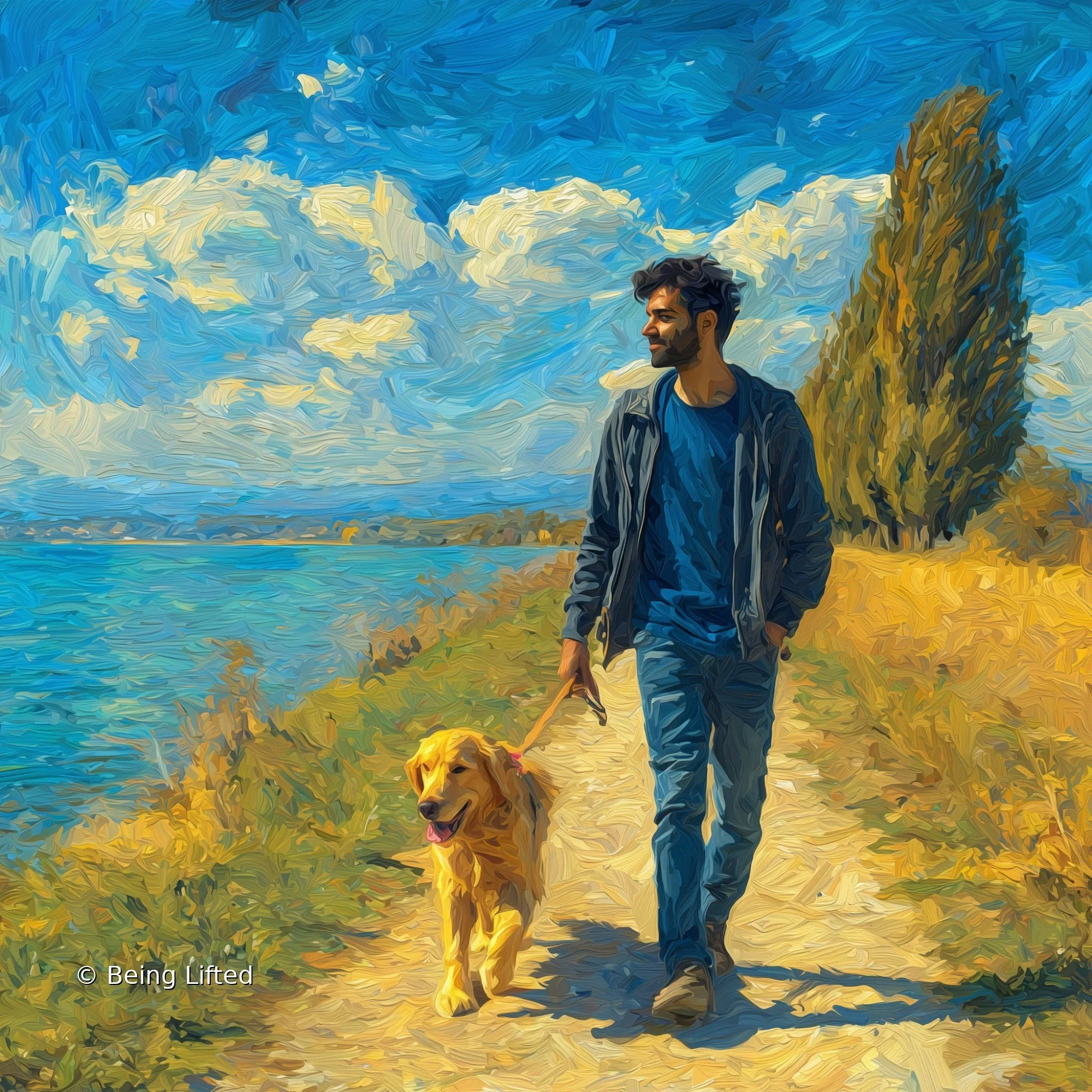 A man walks his dog on a path by the lake and they both feel at peace and energized in themselves and their environment with energy clearing work