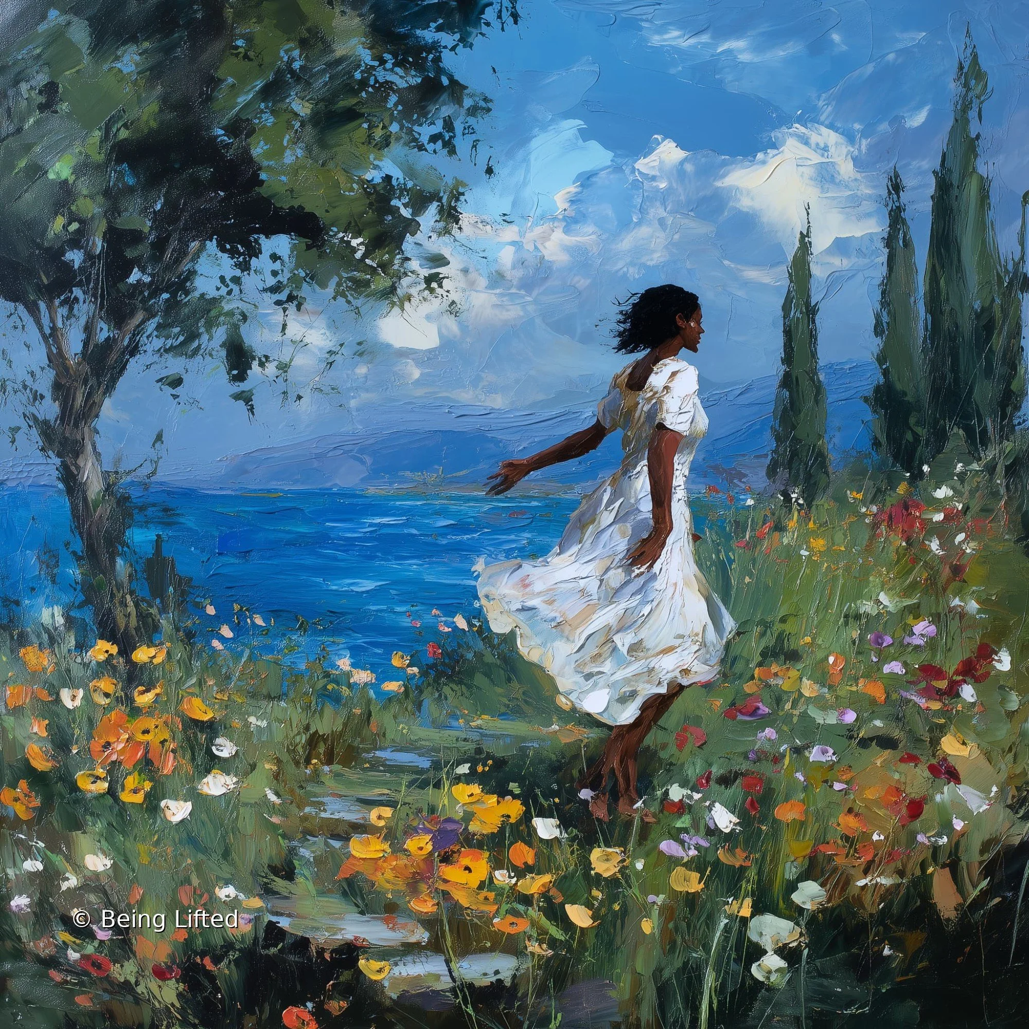 A woman running to the sea by the flowers and remembering what she is capable of from the integrative energy work and Pilates