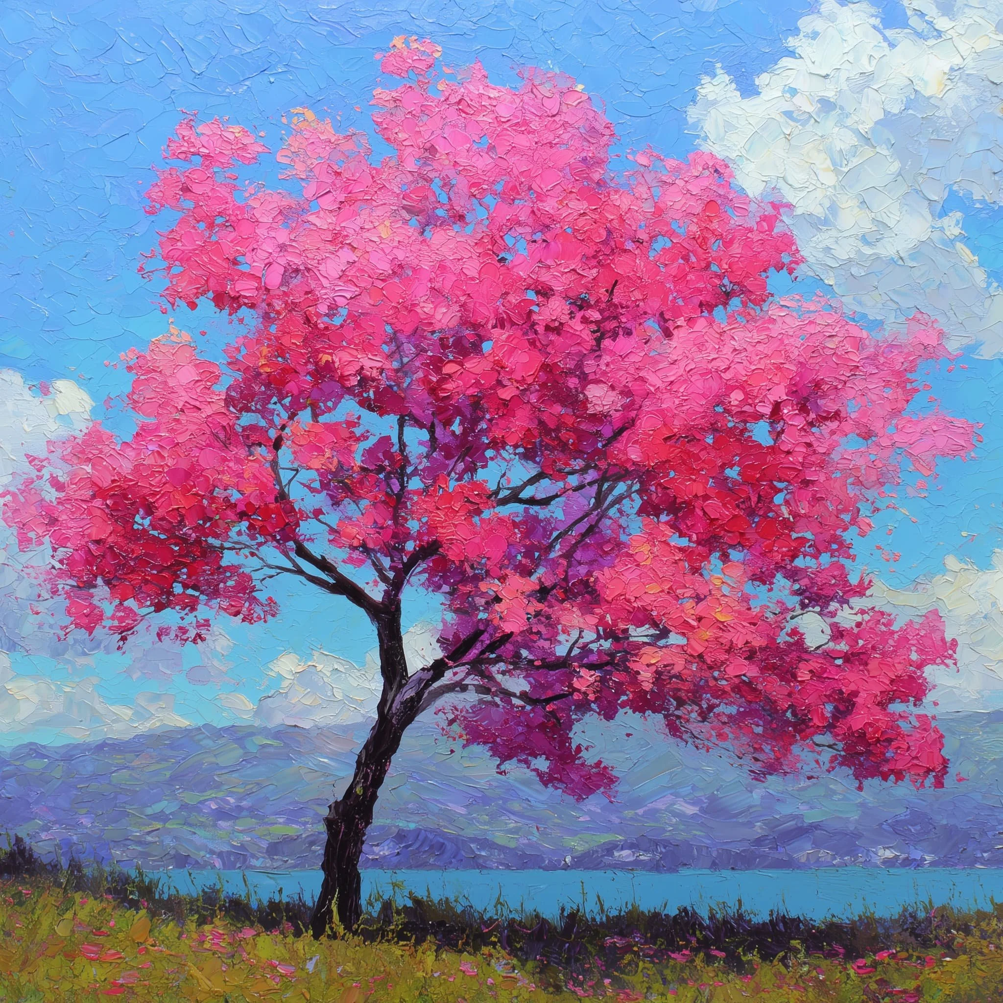 A vibrant, impressionistic painting of a pink flowering tree representing vibrance of integrated energy work and pilates.