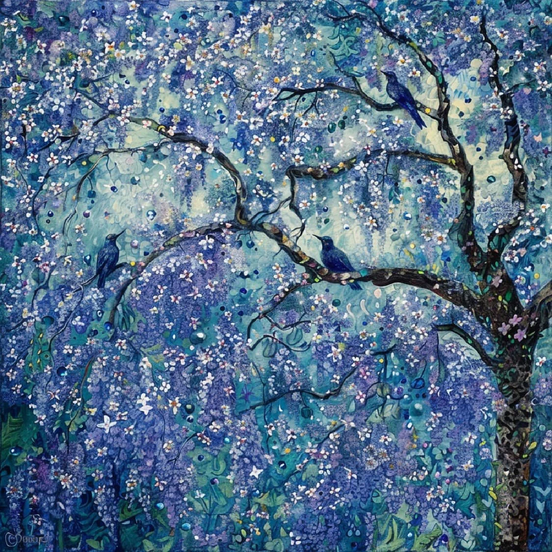 A blooming tree with purple flowers and bluebirds representing the peaceful beauty found from energy work