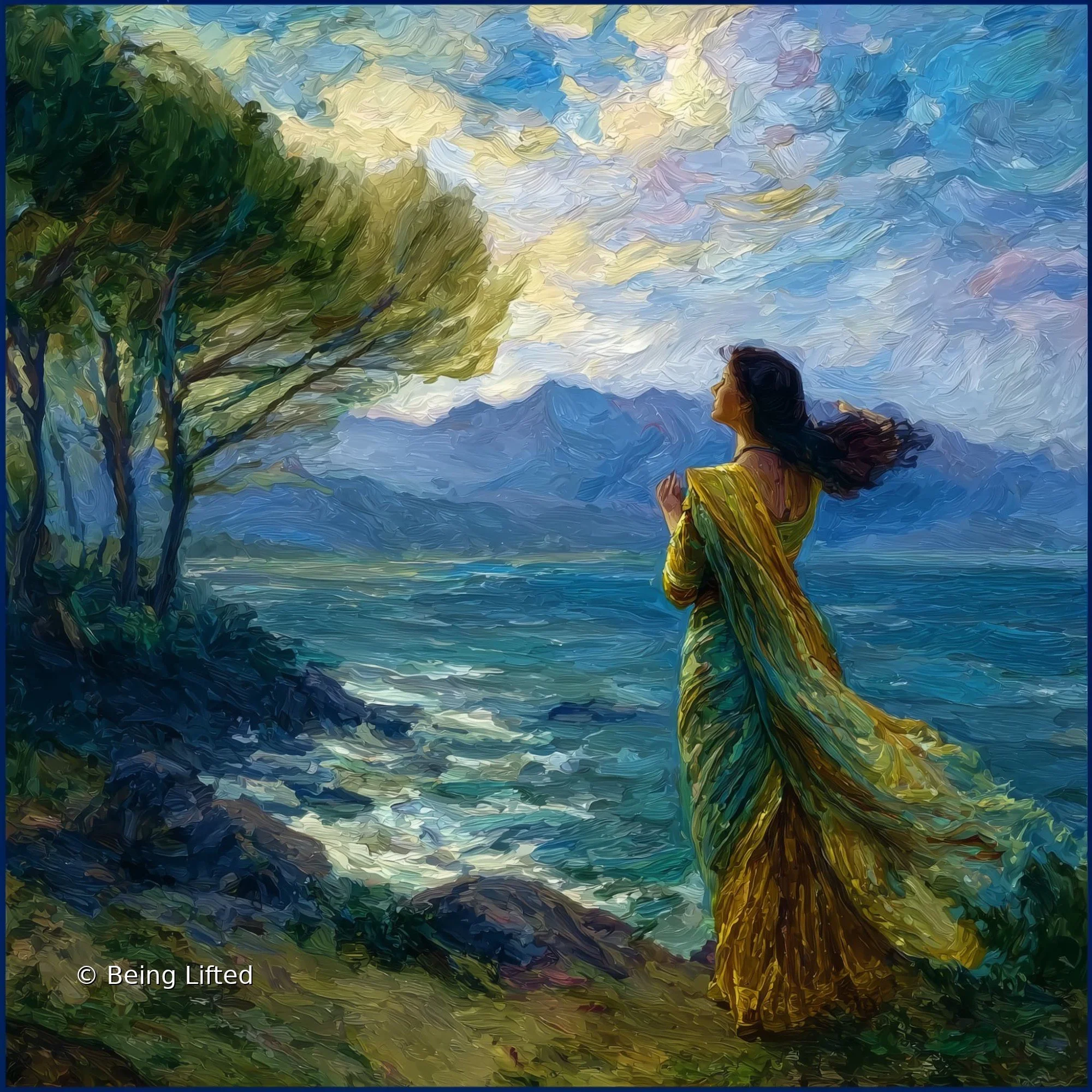 A woman in a sari stands facing the sky and feeling the enlightenment of how the shadows in shadow work are her teacher