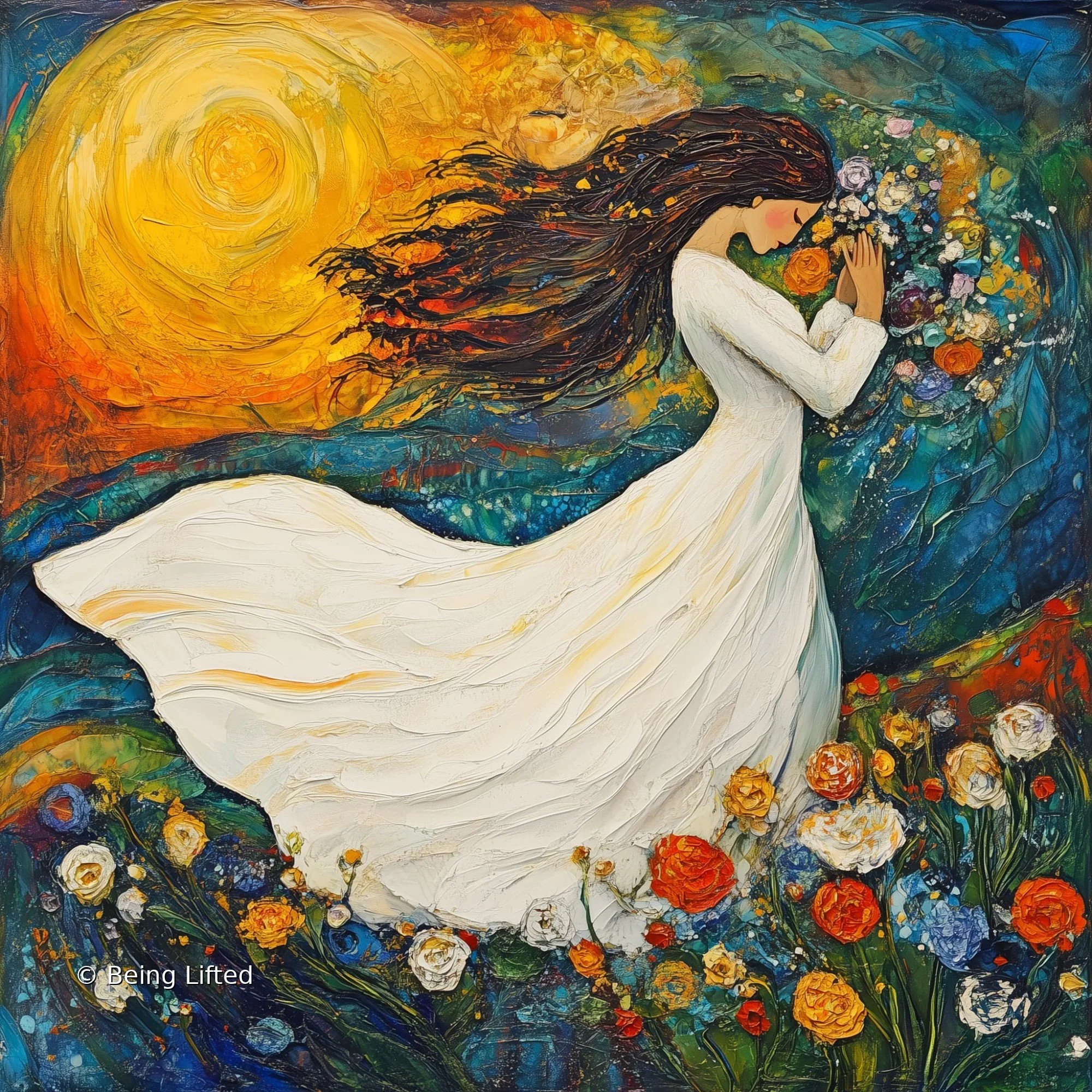 A painting of a woman transforming trauma and fear and welcoming in peace