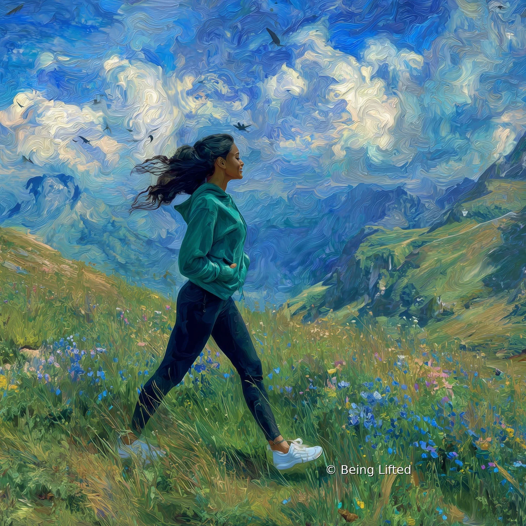 A woman hiking in the mountains and feeling the freedom of integrative energy work and Pilates