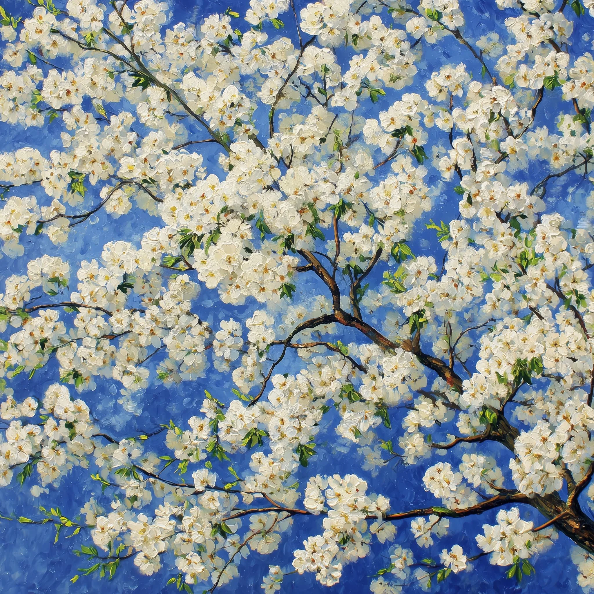 a painting of white blossoms with a vibrant blue sky represent the pure life of wisdom and healing with energy work