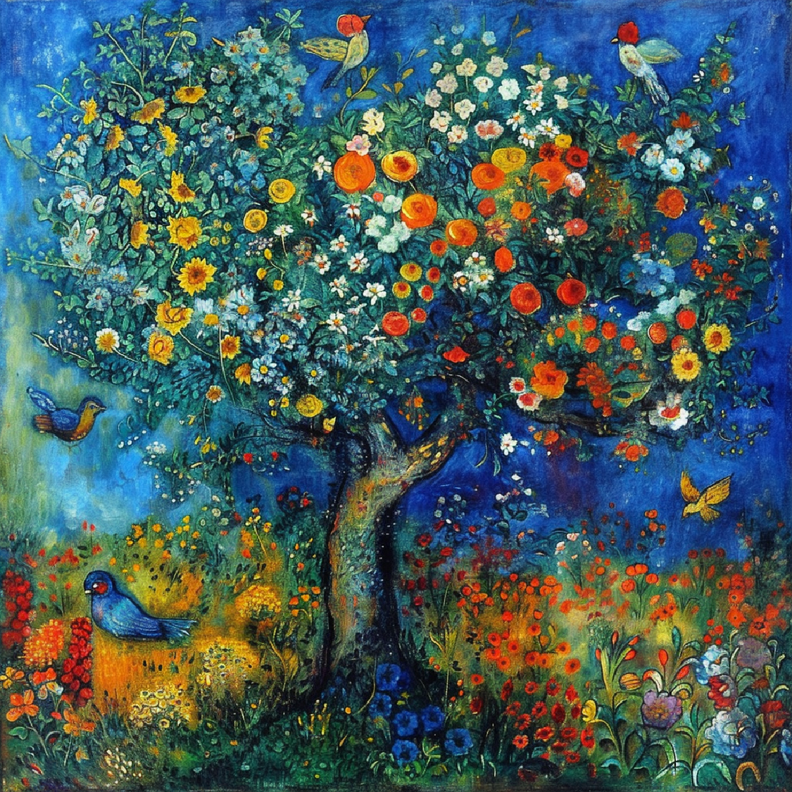 A painting of flowing tree and birds that represents the core strength of Pilates work