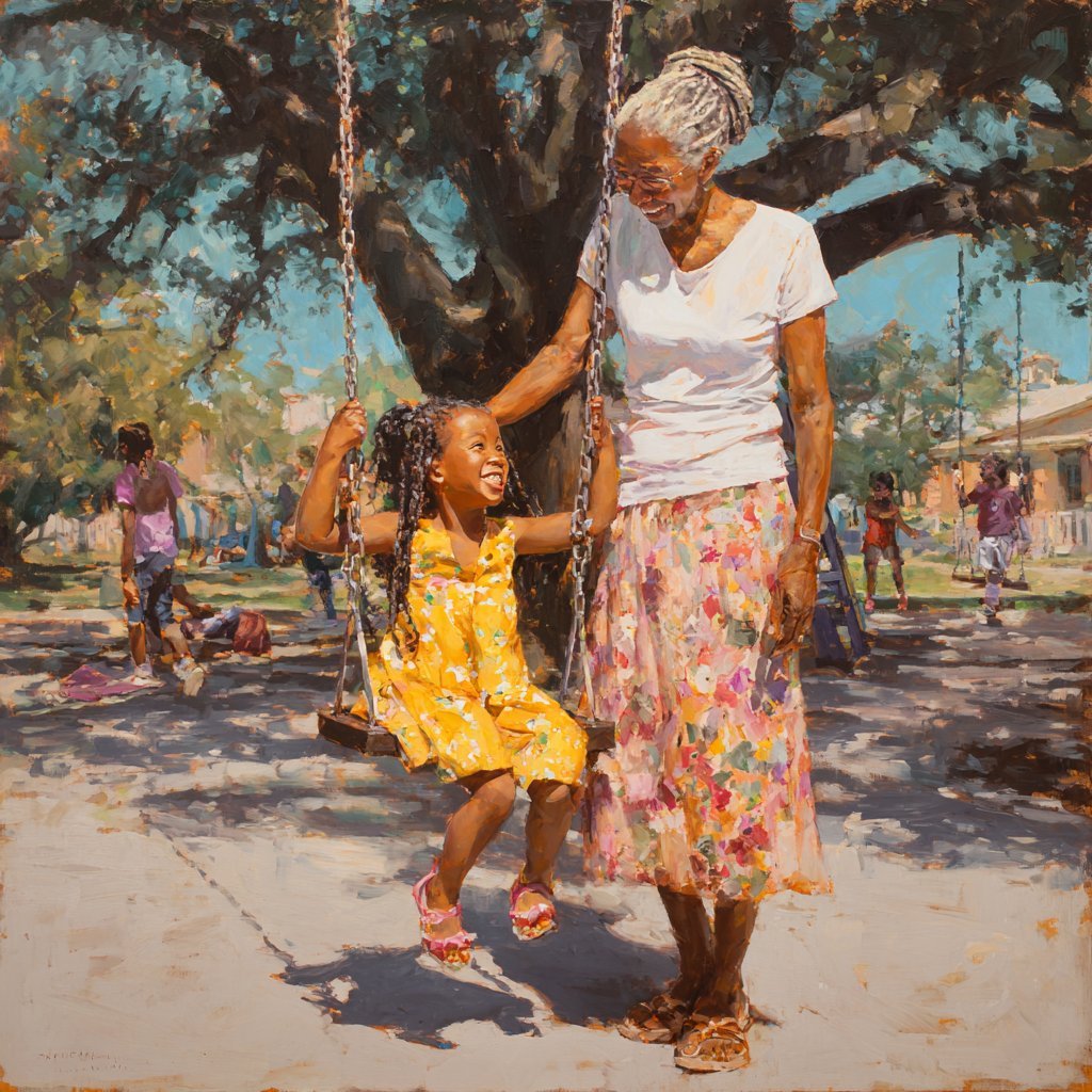 A beautiful black woman managing osteoporosis is at the park pushing her three year old granddaughter on the swings and feeling the joy and confidence of staying active with the people she loves from bone health pilates classes.