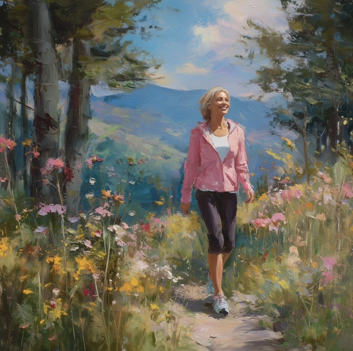 A fit, beautiful 55 year old woman managing osteoporosis is hiking on a trail with wildflowers and feeling the balance, strength and confidence from bone health pilates classes.
