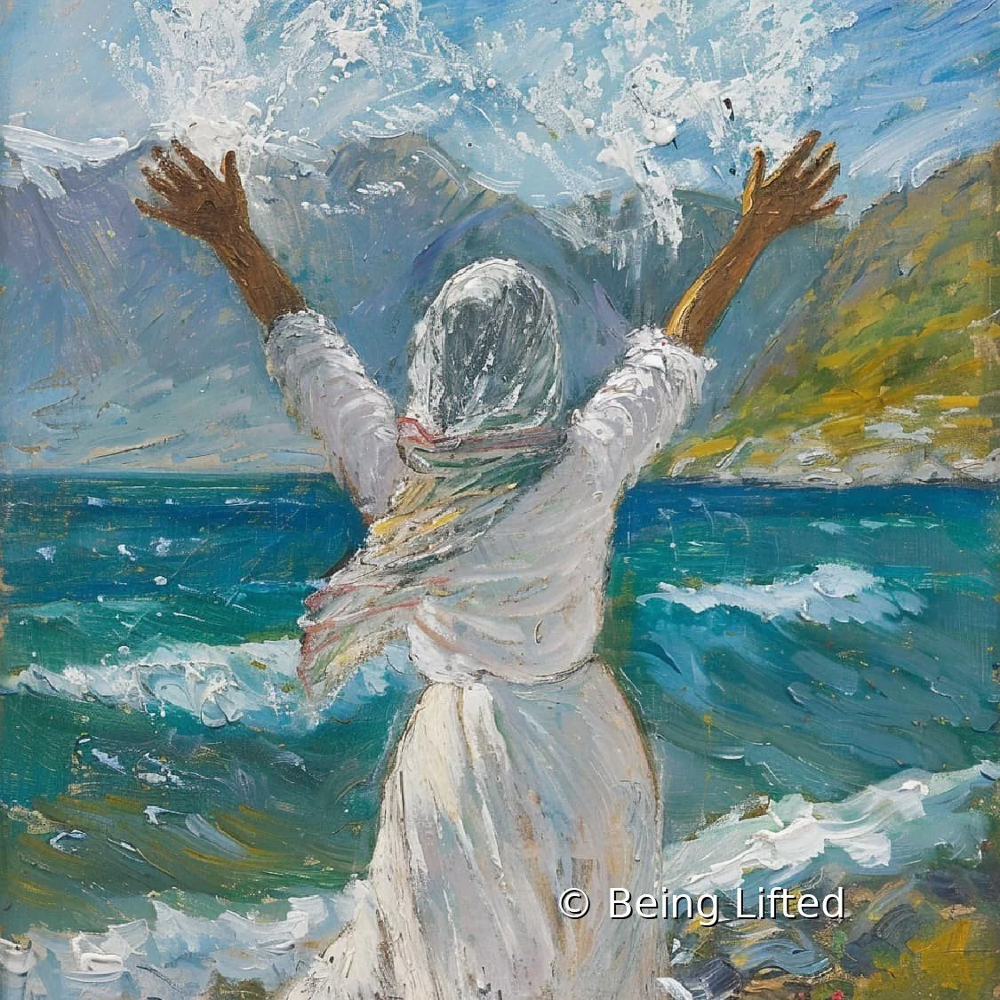 A woman in a headscarf is raising her hands to the heavens by the sea side in India and feeling the peace and joy after energy clearing work