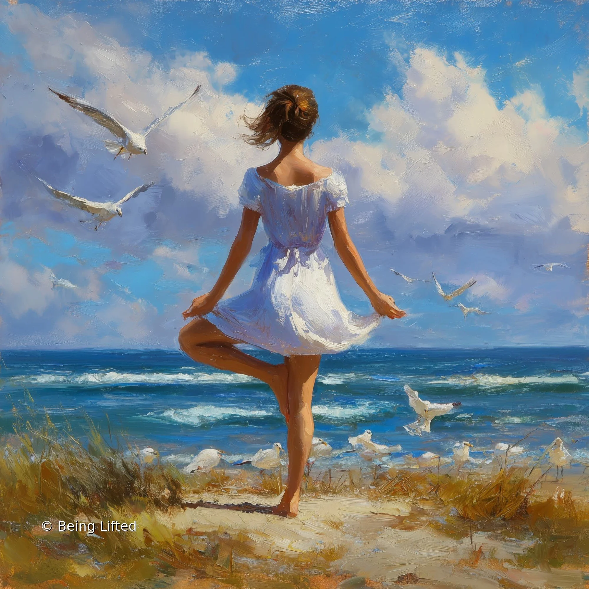 A woman with osteoporosis standing balancing on one leg by the ocean with weight bearing to strengthen her bones