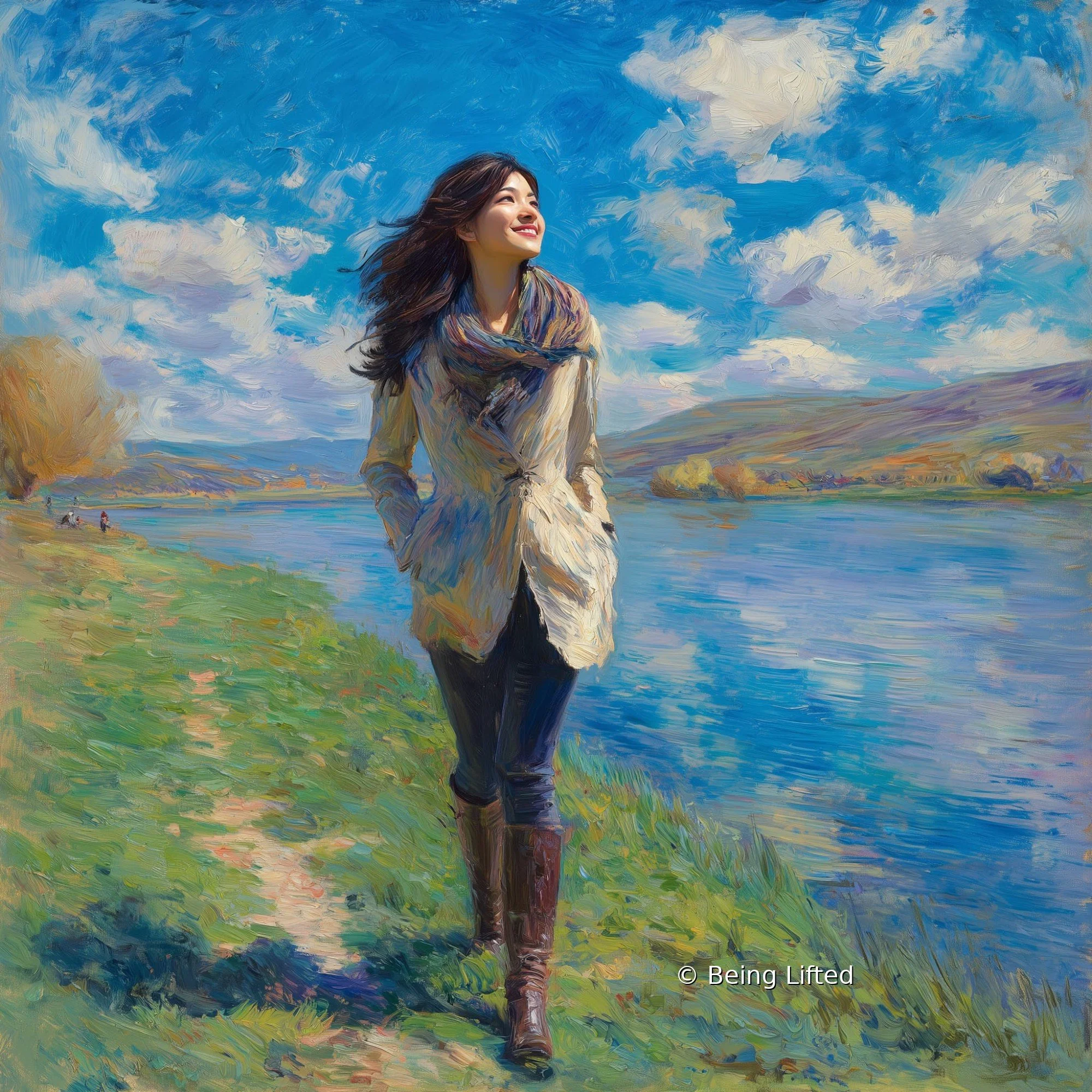 A woman walks by the lake and holds her face to the sun and she feels aligned with her true self after doing shadow work