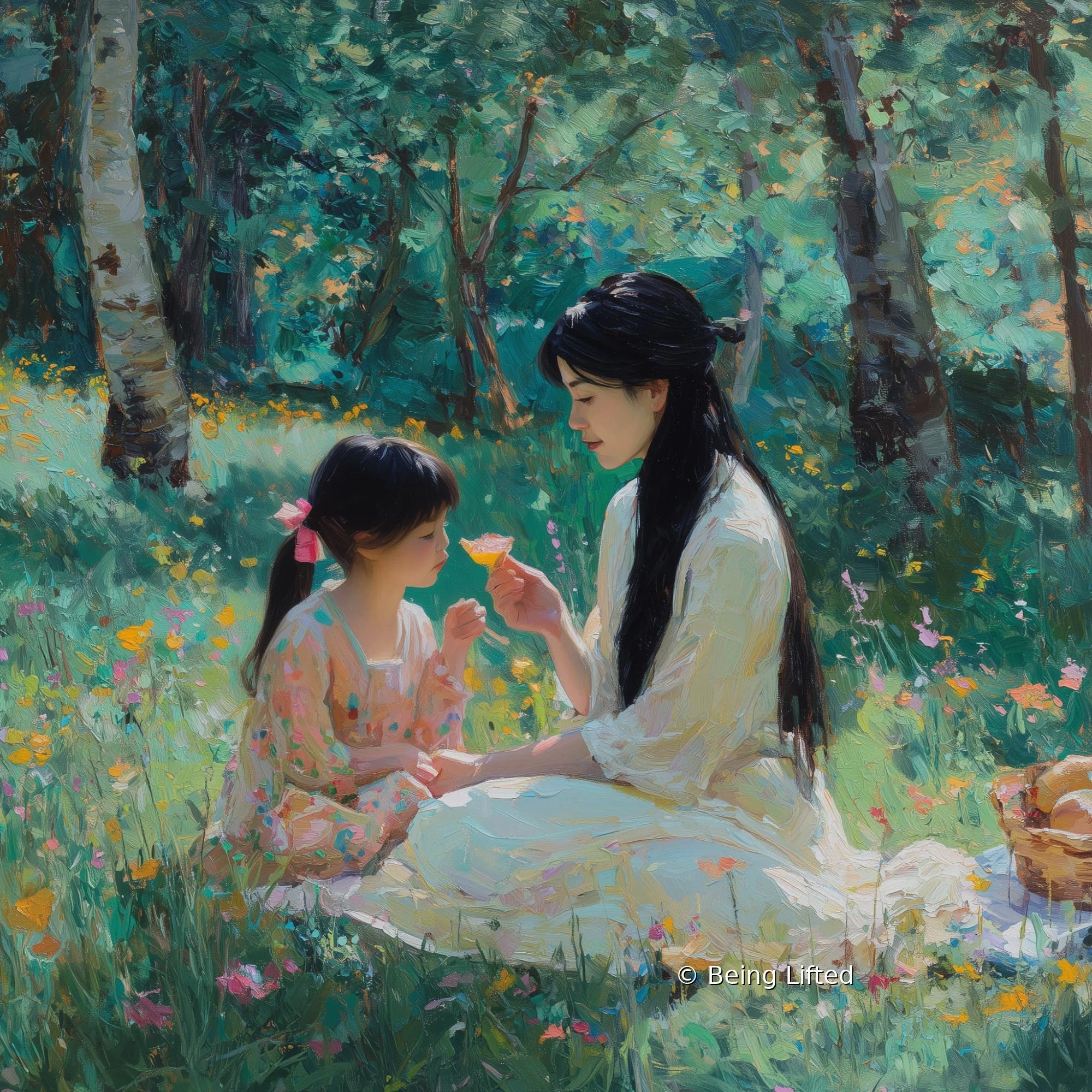 A woman and her daughter enjoy the afternoon picnic and wildflowers in the peaceful environment of themselves, their home and property with energy clearing
