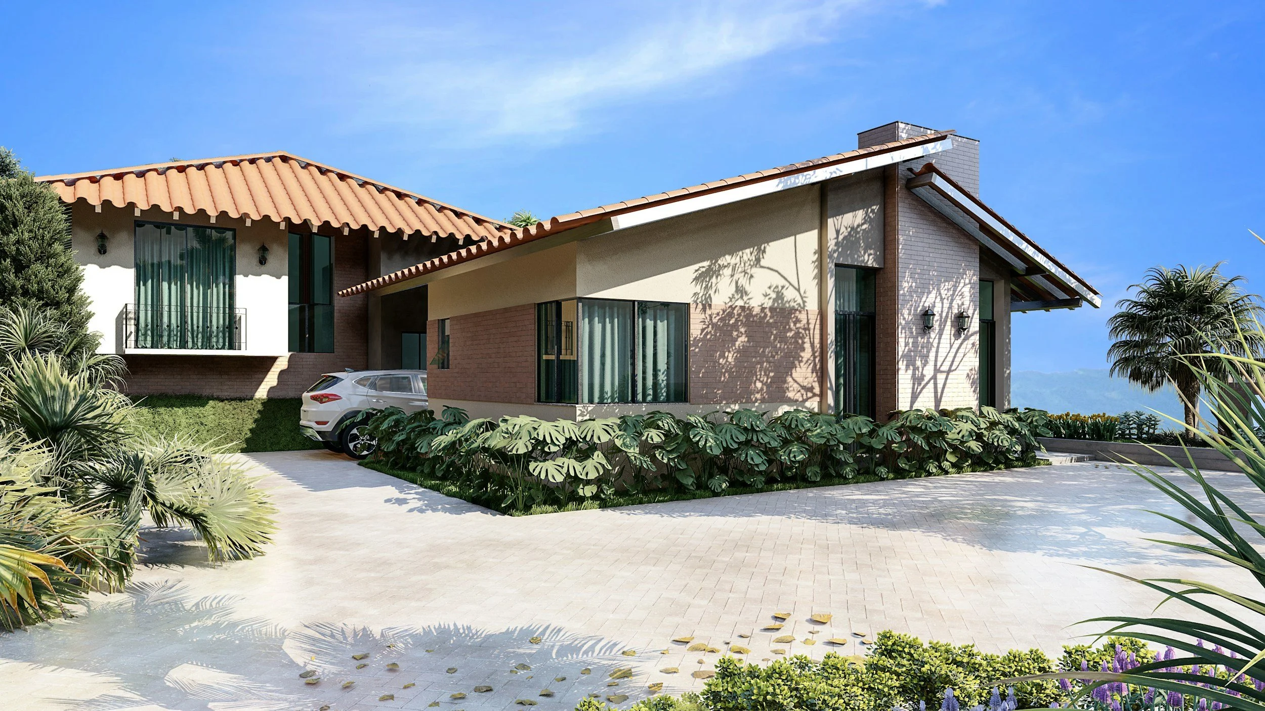 Modern house with tiled roof, large windows, and a driveway with parked car, surrounded by lush greenery and clear blue sky.