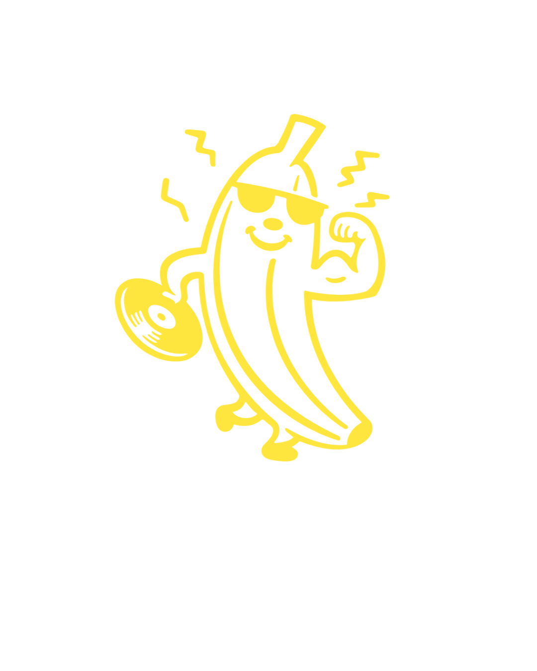 Cartoon of a smiling banana wearing sunglasses, flexing its arm, and holding a record, with stylized lines indicating energy or music.