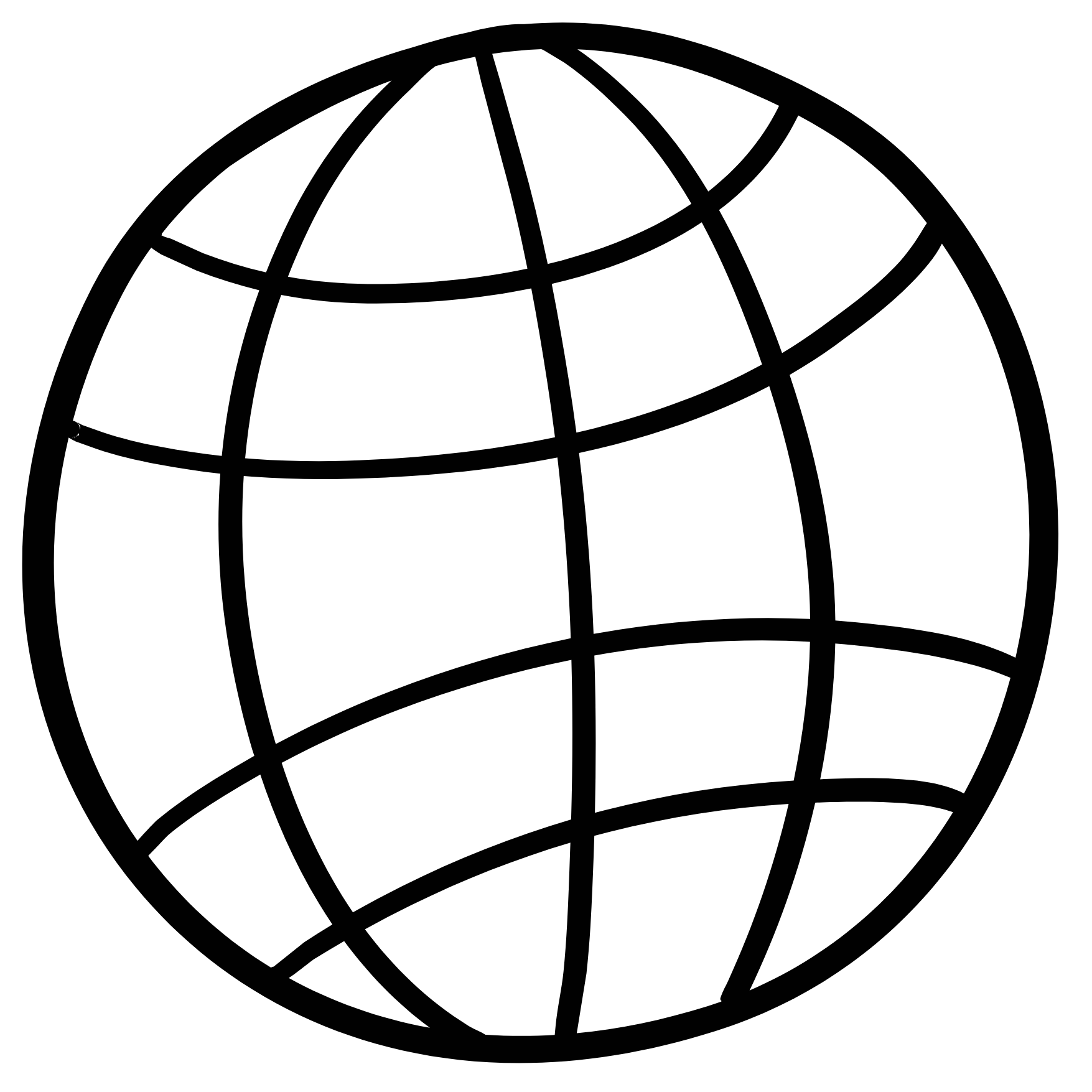 A black globe outline with latitude and longitude lines.