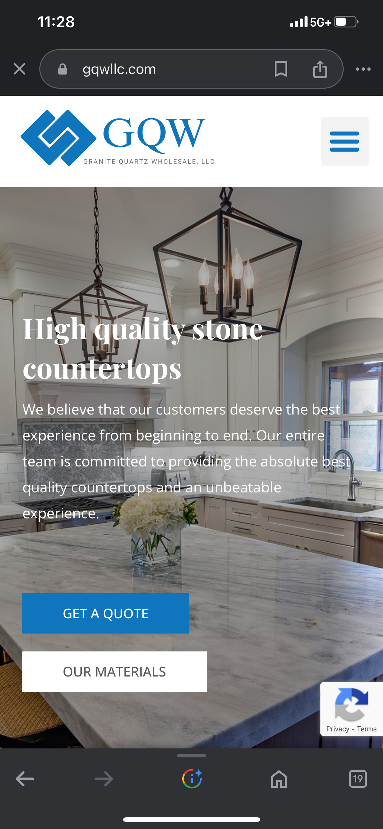 A website homepage for GQW Granite Quartz Wholesale features a kitchen with a marble countertop, white cabinets, two chandelier lights, and a window with a view. The page promotes high-quality stone countertops with buttons for getting a quote and viewing materials.