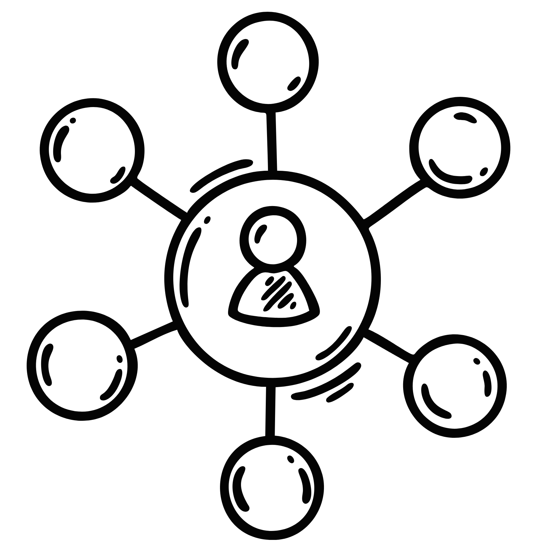 Black and white line drawing of a central user icon connected to six surrounding circles, representing a network or connections.