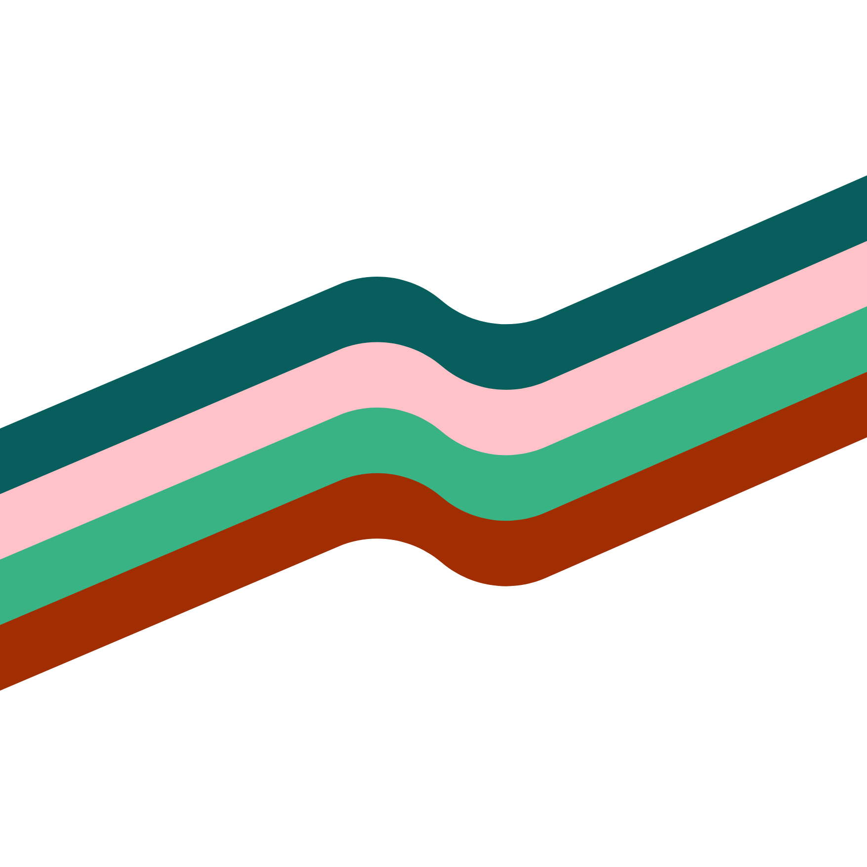 Diagonal abstract design with wavy stripes in black, dark teal, pink, green, and brown.