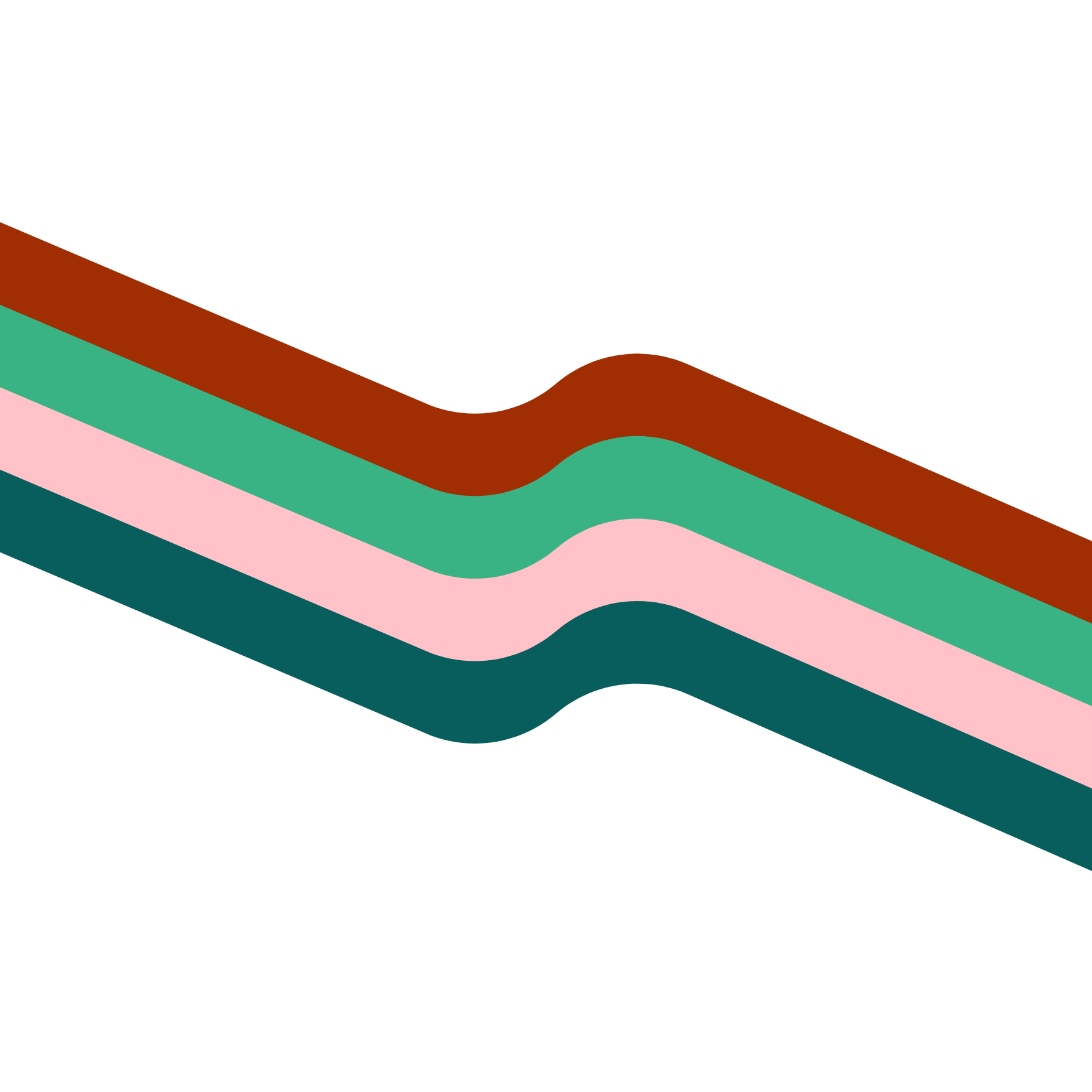 Stylized retro rainbow with wavy stripes in brown, green, pink, and teal colors on a black background.