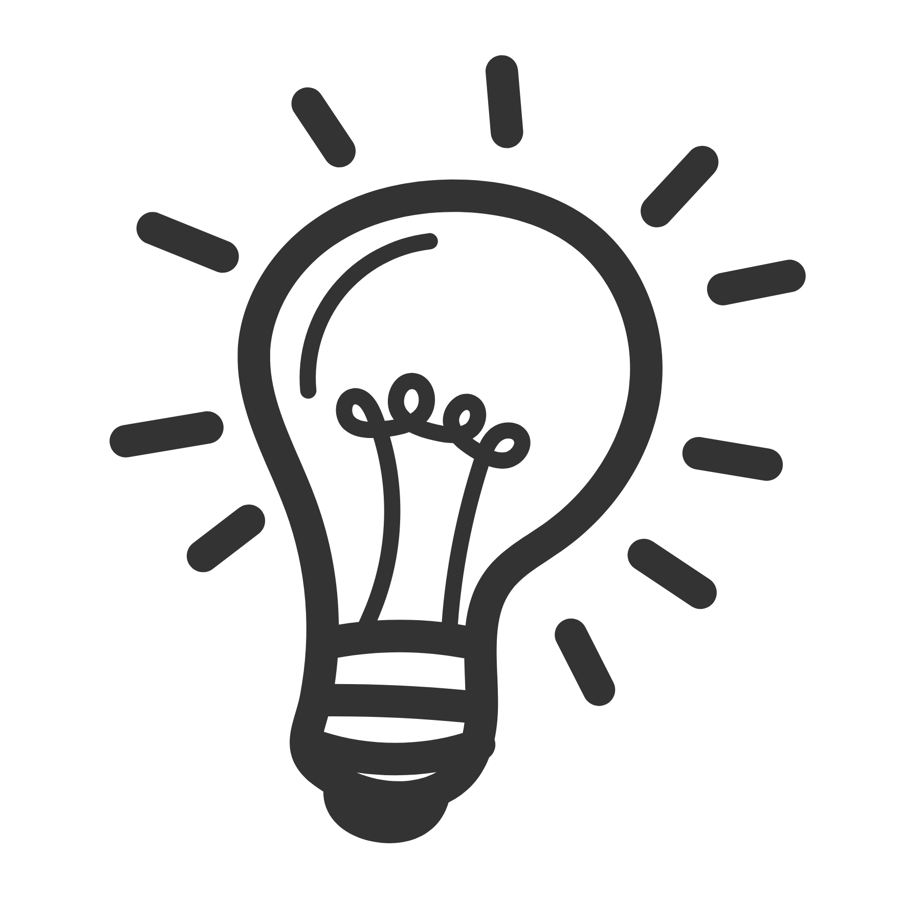 Outline illustration of a light bulb with radiating lines indicating light.