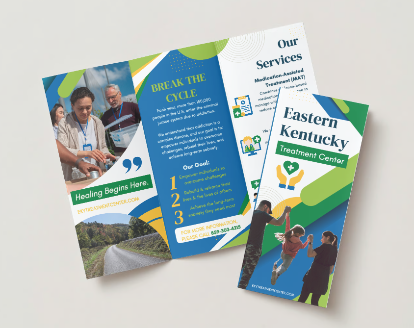 Brochures for Eastern Kentucky Treatment Center with information about services, goals, and contact details, featuring images of people and scenic outdoor views.