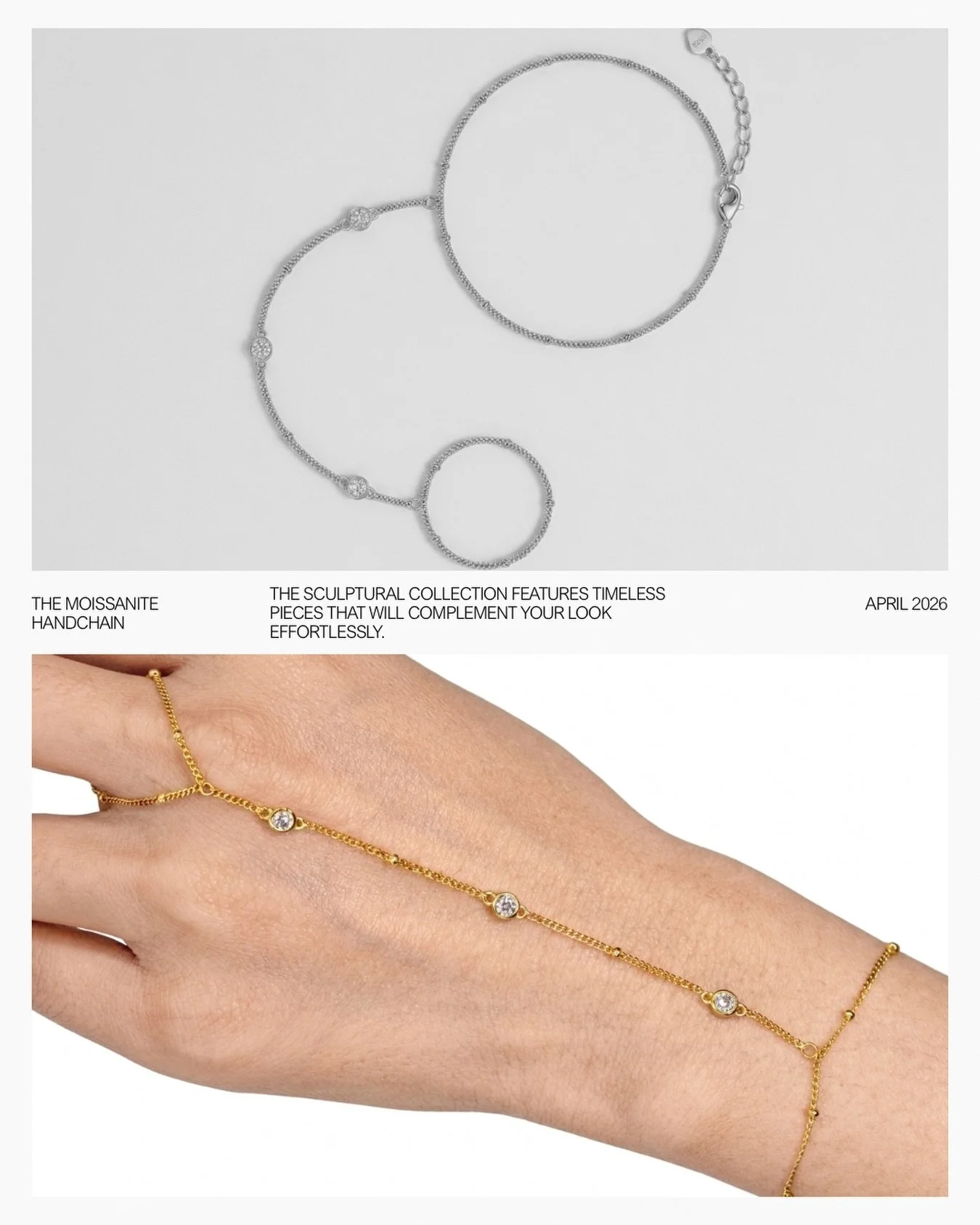 The Moissanite Hand Chain. 925 sterling silver base with 18K gold plating. Premium GRA certified D Color VVS1 dainty Moissanite diamonds. Offers a high-end, D-grade sparkle ideal for daily wear or occasions.

Designed for the petite hands. Available 