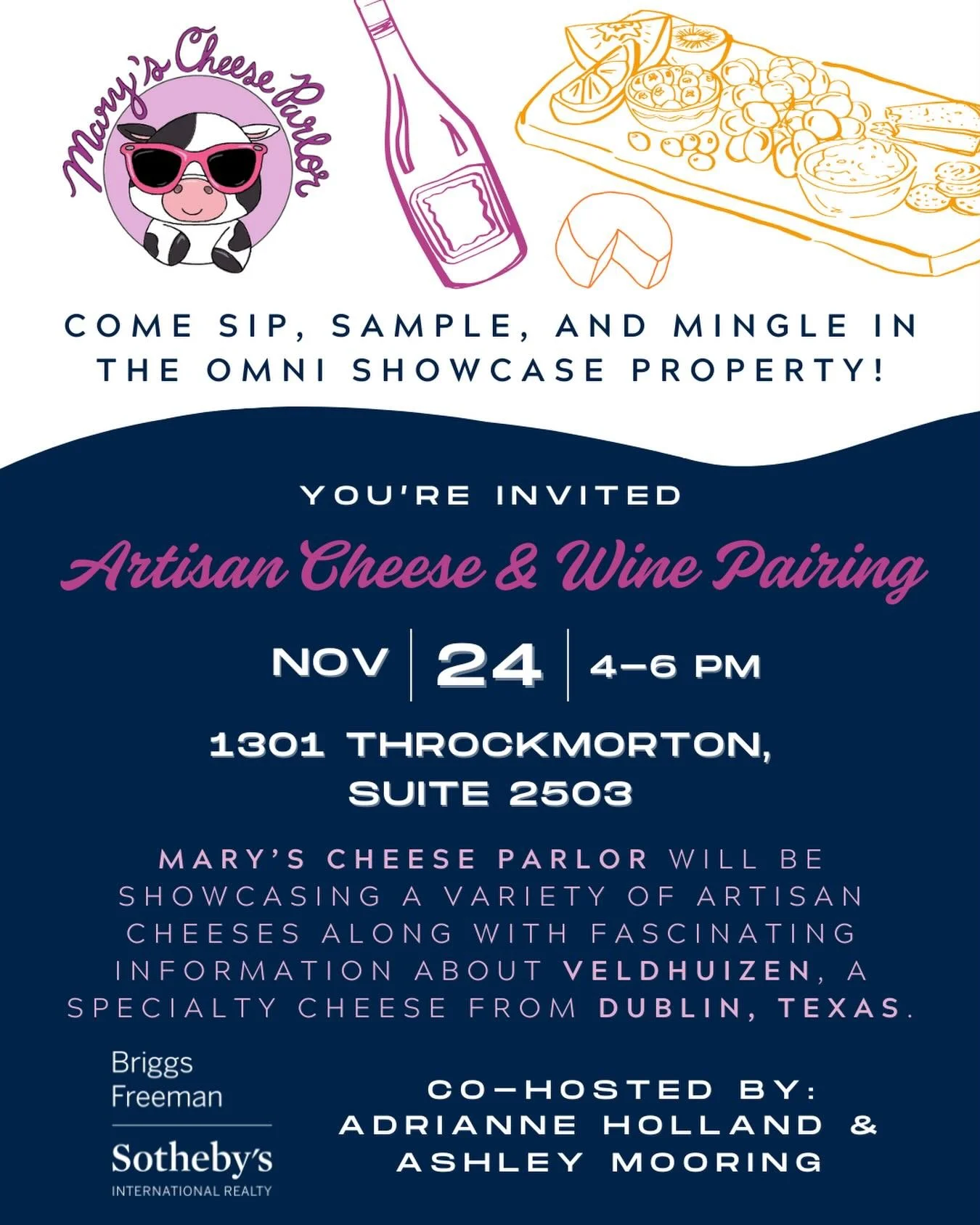 ✨You&rsquo;re Invited!✨Artisan Cheese &amp; Wine Pairing

Join us tomorrow for an elegant afternoon of fine cheeses and wine.

📍1301 Throckmorton, Suite 2503
🗓️ Monday, November 24th
🕗 4:00 - 6:00 PM

Mary&rsquo;s Cheese Parlor will be showcasing 