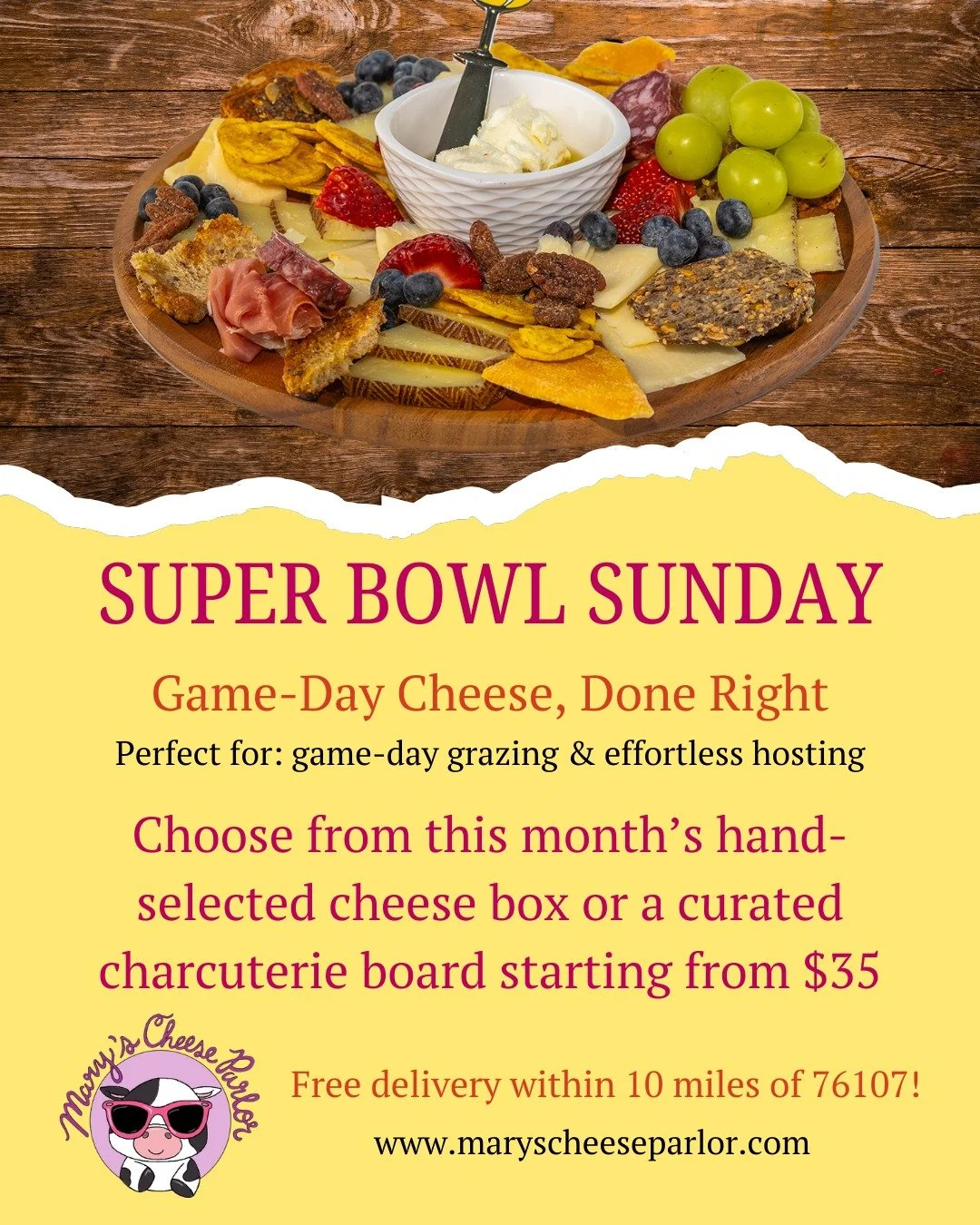 🏈 𝐒𝐮𝐩𝐞𝐫 𝐁𝐨𝐰𝐥 𝐒𝐮𝐧𝐝𝐚𝐲 𝐬𝐭𝐚𝐫𝐭𝐬 𝐰𝐢𝐭𝐡 𝐠𝐫𝐞𝐚𝐭 𝐜𝐡𝐞𝐞𝐬𝐞 🧀✨

Whether you&rsquo;re hosting the whole crew or just here for the snacks, we&rsquo;re making game day easy (and delicious) with 𝐜𝐡𝐞𝐞𝐬𝐞 𝐛𝐨𝐱𝐞𝐬 𝐚𝐧𝐝 𝐜𝐡?