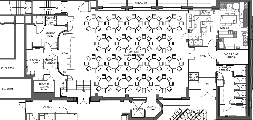Floor plan of a banquet hall with multiple round tables, a stage area, kitchen, restrooms, storage rooms, elevators, and entry points.