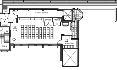 Floor plan of a building's upper level, including an elevator corridor, storage rooms, a training area with chairs, stairs, a music library, and an external stairwell.