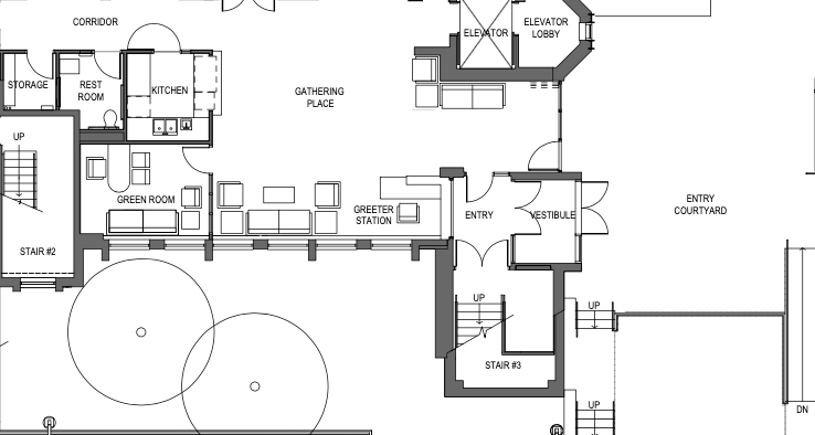 Architectural floor plan diagram showing rooms like kitchen, rest room, green room, gathering place, entry, vestibule, staircases, elevator lobby, and entry courtyard.