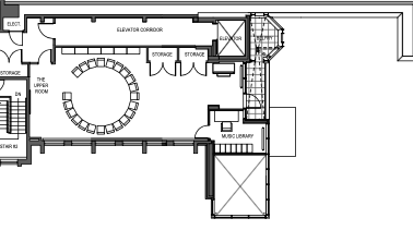 Floor plan of a building showing an elevator corridor, storage rooms, a disc-shaped seating area, a music library, and stairs.