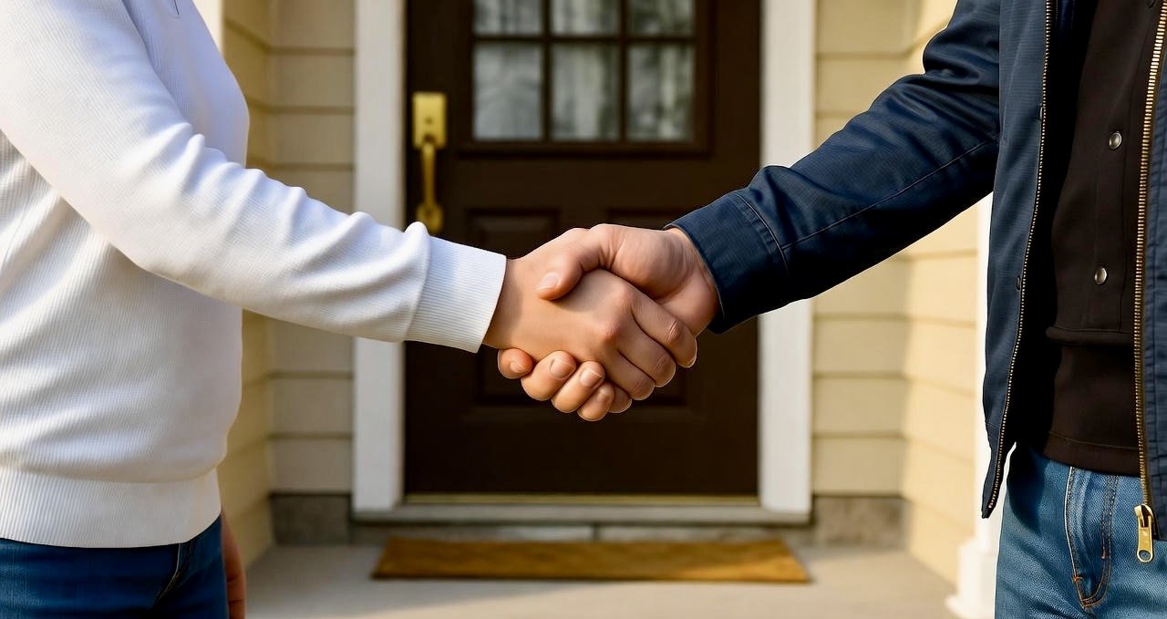 People shaking hands in front of a house entrance.