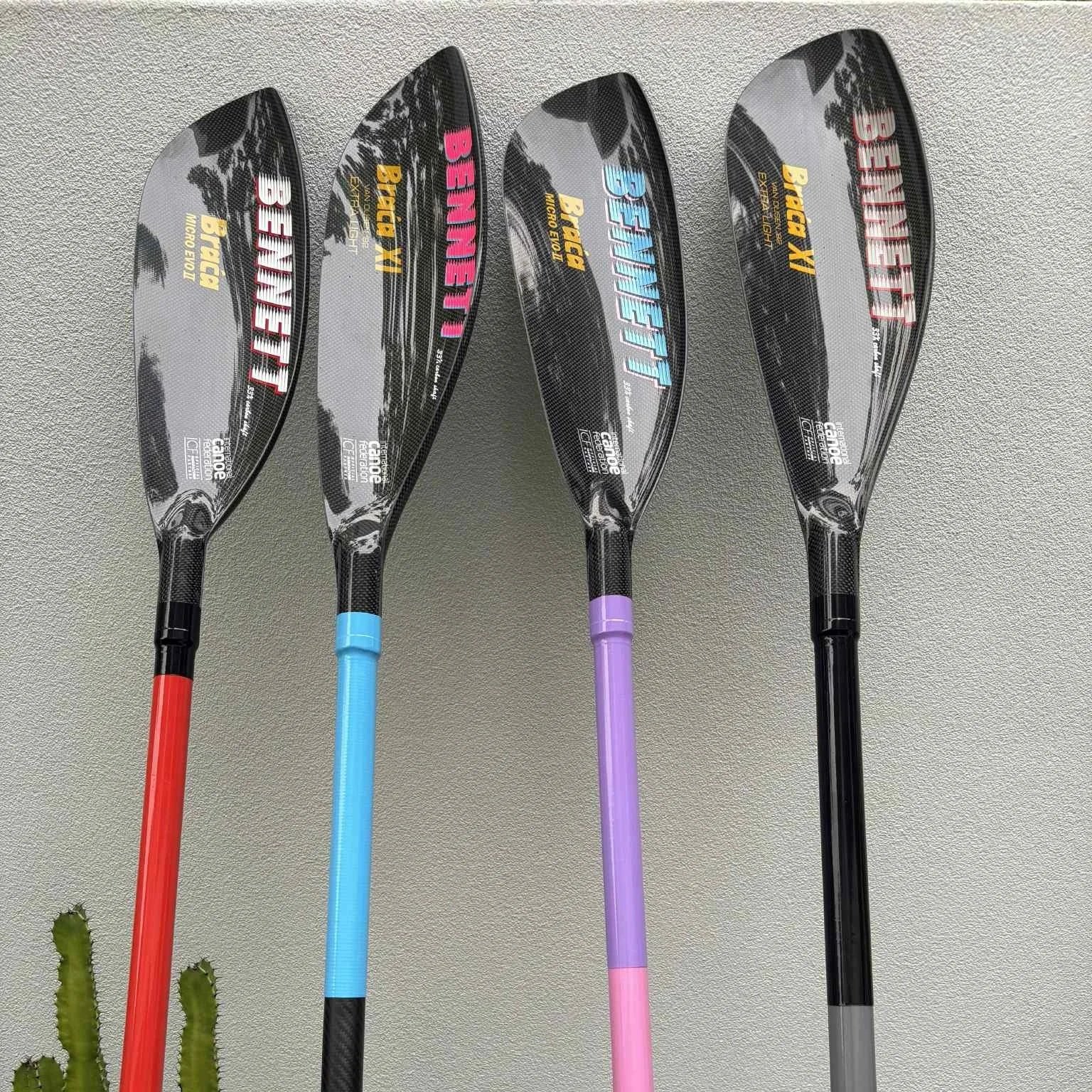 Quality Ski Paddles with a range of coloured shafts and shrink in red, blue, purple, and black, leaning against a gray wall, with small green cactus plants visible in the lower left corner.