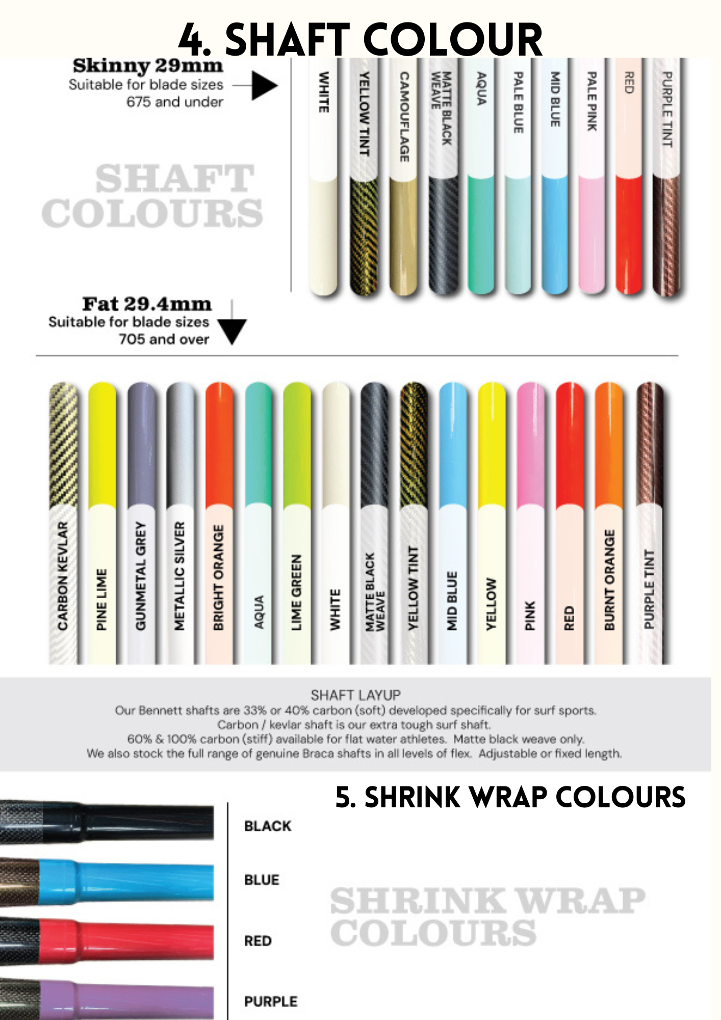 A chart showing different shaft colors and shrink wrap colorsShaft colors include white, yellow tint, camoouflage, matte black weave, aqua, pastel blue, mid blue, pink, red, purple tint, and purple. Shrink wrap colors include black, blue, red, and purple.