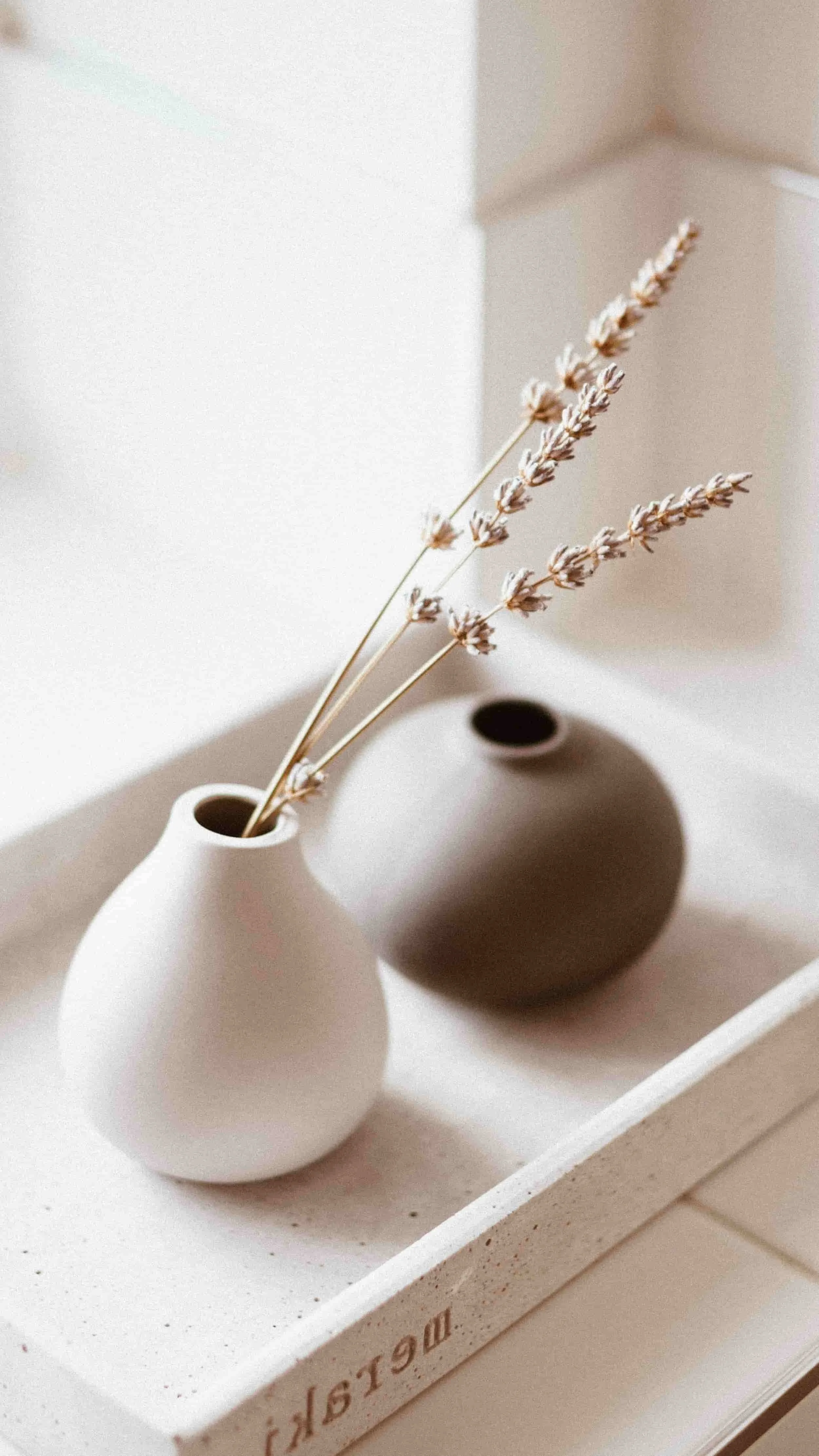 A white vase holding dried lavender flowers, with a dark-colored rounded vase in the background, placed on a white shelf.