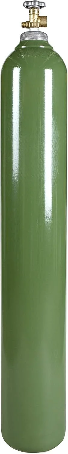 Green compressed air or gas cylinder with brass valve on top.