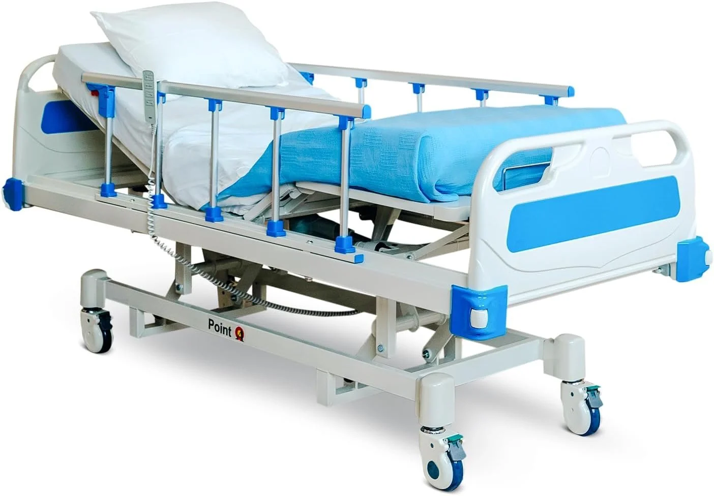Hospital bed with blue and white frame, side rails, and adjustable height on caster wheels, set against a white background.