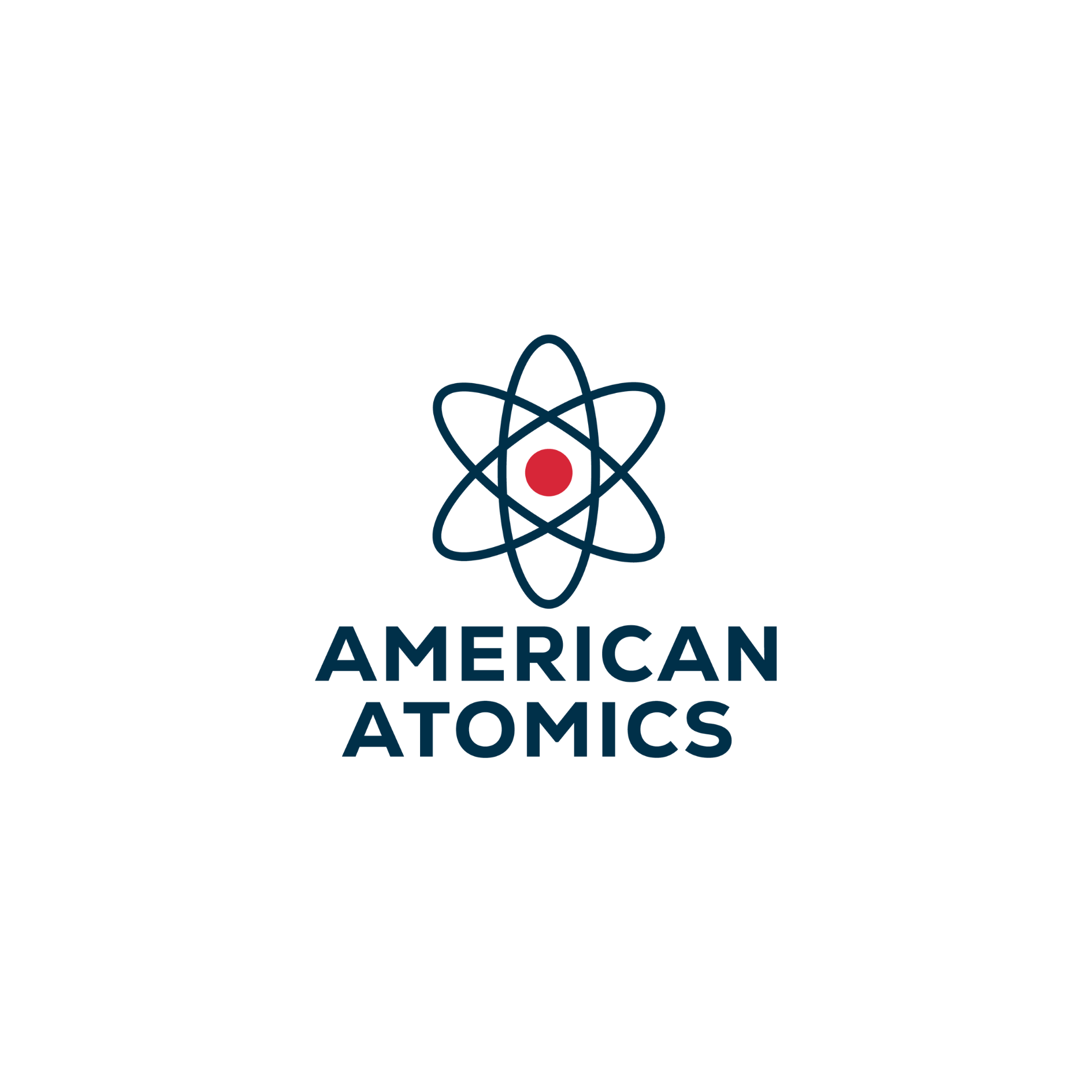 Logo of American Atoms featuring an atom symbol with red nucleus and black electrons and the text "American Atoms" beneath.