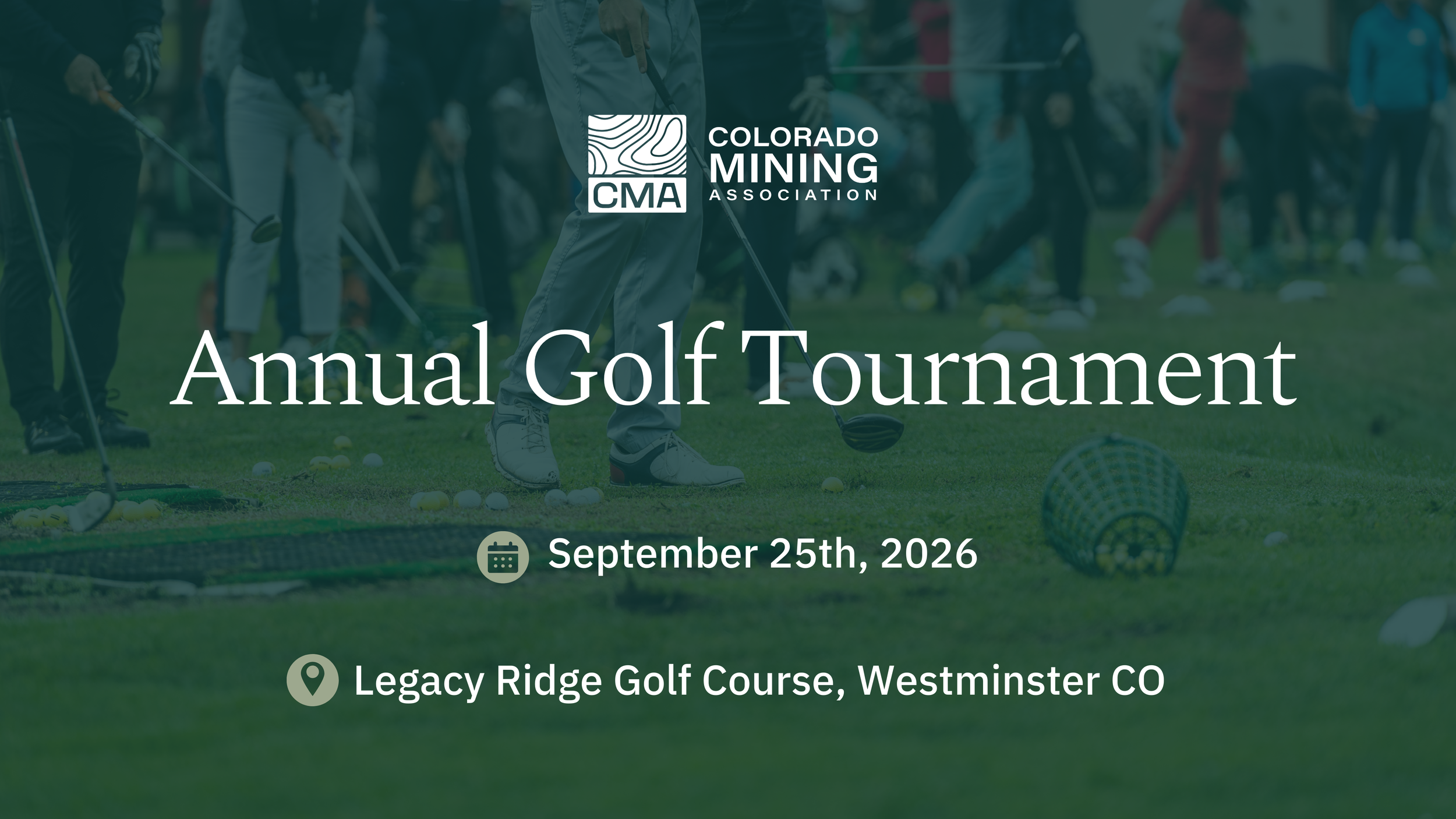 A promotional flyer for the Colorado Mining Association's Annual Golf Tournament showing people golfing at a course, with event details including date, location, and organization logo.
