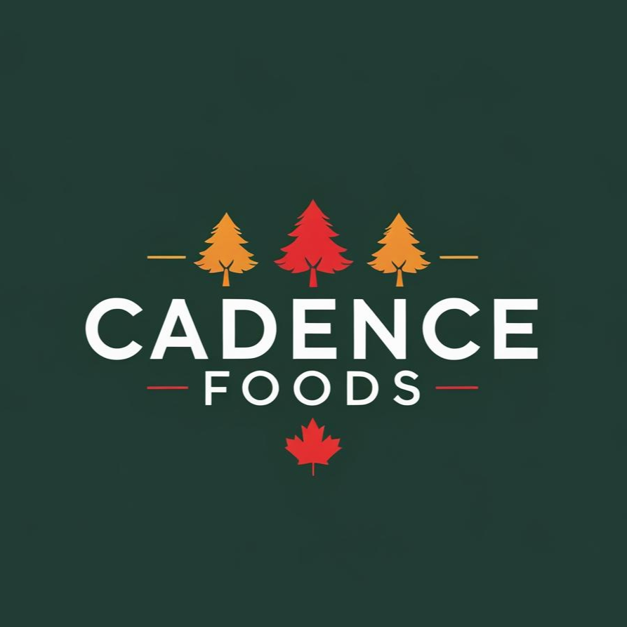 Cadence Foods logo with red and orange trees and a red maple leaf on a dark green background.
