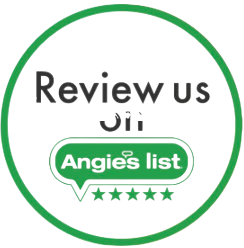 Logo with the words "ReviewUS" and a speech bubble saying "Angies list" inside a green circle.