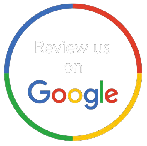 A graphic with the Google logo, asking viewers to review on Google, surrounded by a colored circle resembling Google's brand colors.