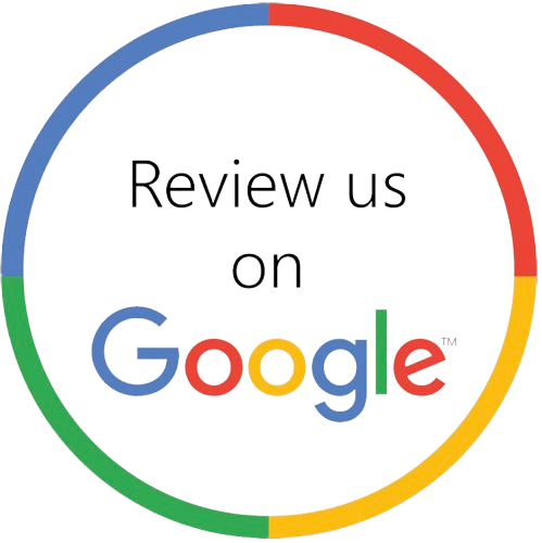 A colorful circular badge with the Google logo and the text 'Review us on Google' inside.