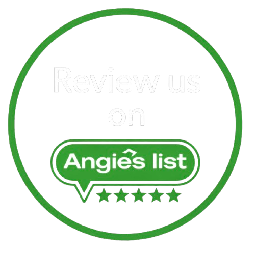 A colorful badge with the words "Review us on Angie's list" and five stars underneath.