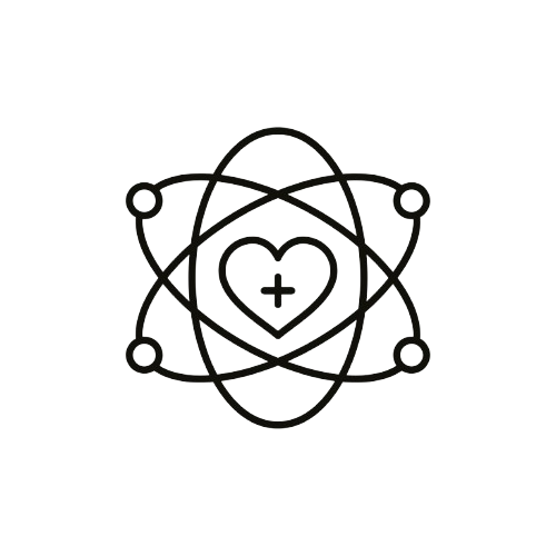 Line drawing of an atom with a heart and medical cross in the center.