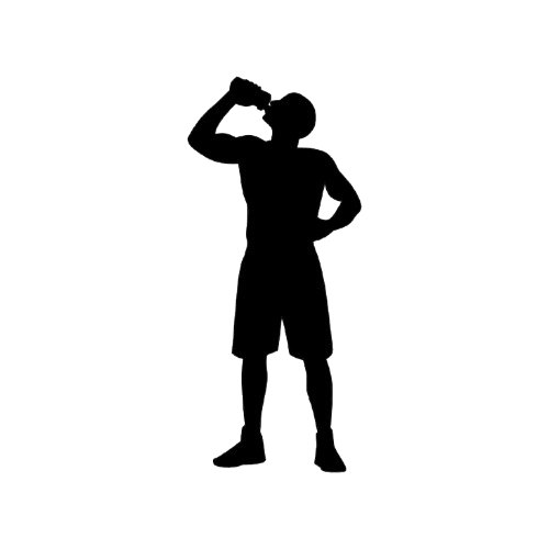 Silhouette of a young boy drinking from a water bottle with one hand on his hip against a black background.