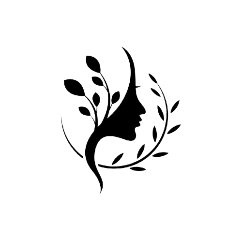 A minimalist line drawing of a woman's face in profile surrounded by leaves and botanical elements.
