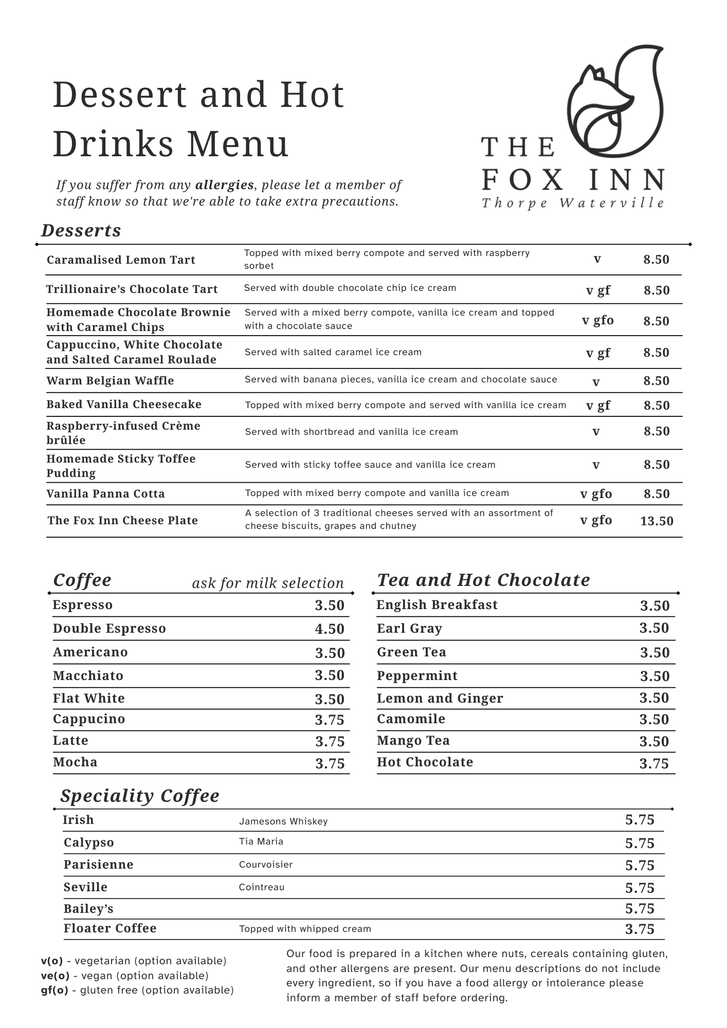 Desserts and Drinks Menu