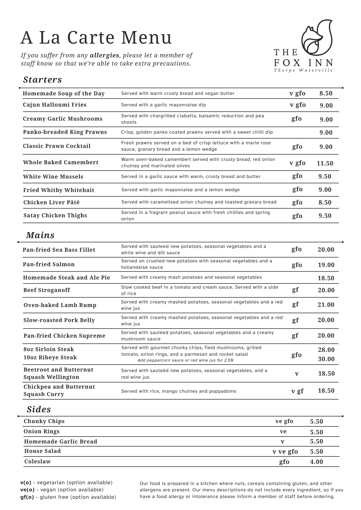 A La Carte Menu